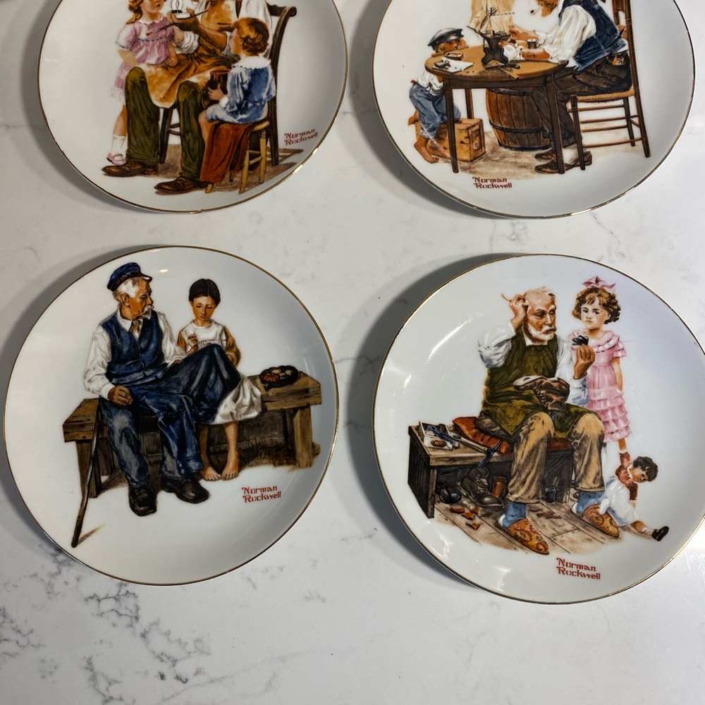 Norman Rockwell Vintage Art Plates Set in Brown and Cream